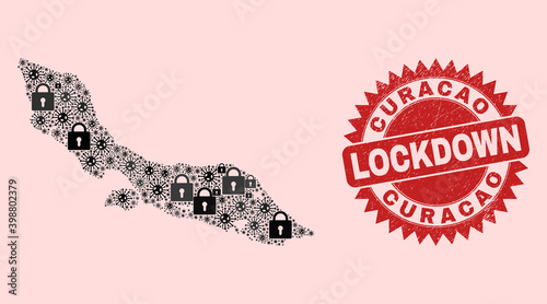 Vector Covid-2019 lockdown combination Curacao Island map and grunge seal. Lockdown red stamp seal uses sharp rosette shape. Collage Curacao Island map is designed of Covid-2019, and locked icons.