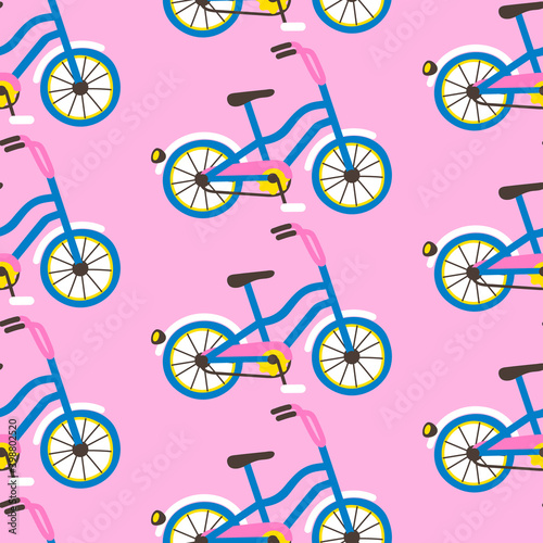 Seamless pattern with bicycles on pink background. Vector illustration in flat cartoon style for wrapping paper, textile print, wallpaper