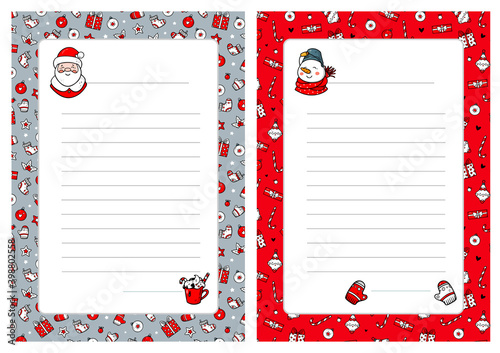 Cartoon Christmas wish lists with cute funny pattern in doodle style. A letter to Santa Claus template. Vector illustration. Vertical orientation. 
