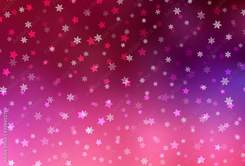 Dark Purple, Pink vector background with beautiful snowflakes, stars.