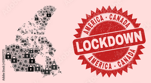 Vector coronavirus lockdown collage Canada v2 map and scratched stamp. Lockdown red watermark uses sharp rosette form. Collage Canada v2 map is composed with corona virus, and lock symbols.