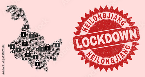 Vector coronavirus lockdown collage Heilongjiang Province map and grunge stamp. Lockdown red stamp seal uses sharp rosette form. Mosaic Heilongjiang Province map is composed with Covid,