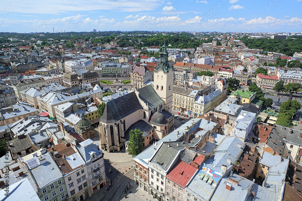 View of Latin Cathedral (Archcathedral Basilica of the Assumption of the Blessed Virgin Mary) from the tower of Lviv City Hall, Lviv, Ukraine