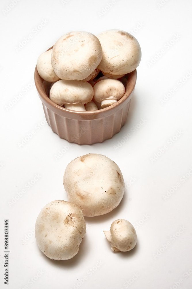 White mushrooms champignons on a light background. White mushrooms champignons on a light background.