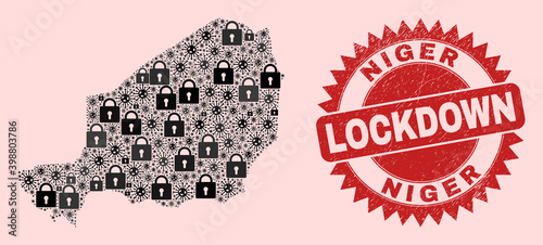 Vector coronavirus lockdown collage Niger map and corroded watermark. Lockdown red watermark uses sharp rosette form. Collage Niger map is done from covid- 2019 virus, and lock items.