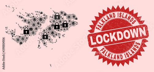 Vector pandemic lockdown collage Falkland Islands map and textured stamp seal. Lockdown red stamp seal uses sharp rosette shape. Mosaic Falkland Islands map is formed from SARS virus, and lock icons.