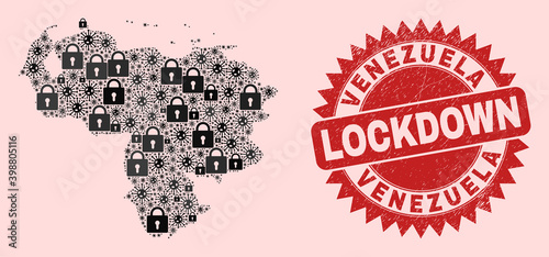 Vector pandemic lockdown mosaic Venezuela map and scratched stamp seal. Lockdown red seal uses sharp rosette shape. Mosaic Venezuela map is created from covid- 2019 virus, and locked icons.
