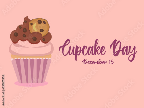 National Cupcake Day on December 15 - text calligraphic lettering. Cute cartoon cupcake with creamy icing and chocolate chip cookie. Isolated vector illustration