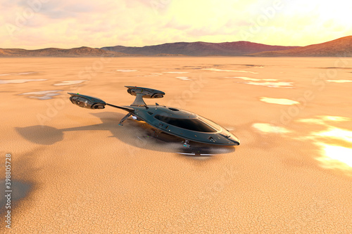 Fototapeta Naklejka Na Ścianę i Meble -  master spaceship on desert after rain drone view