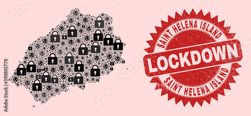 Vector Covid lockdown collage Saint Helena Island map and unclean watermark. Lockdown red stamp uses sharp rosette form. Collage Saint Helena Island map is formed with covid, and locked icons.