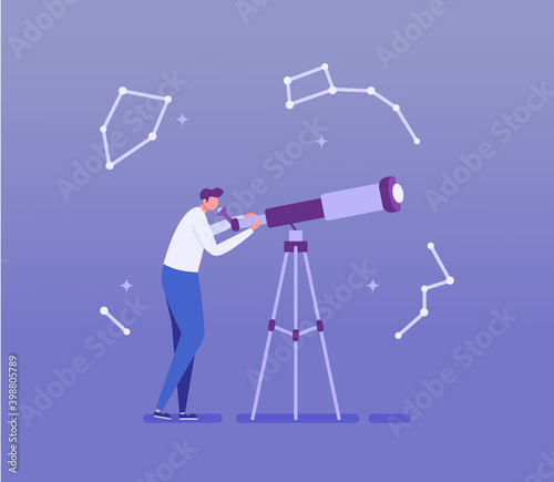 Man looking at sky and stars, standing near telescope. Astronomer watching constellations. Concept of exploration, space research, astrological map, zodiac signs. Vector illustration in flat design