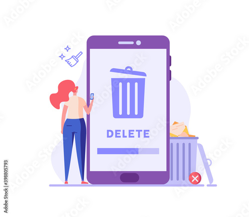 Woman cleaning phone, smartphone with trash can sign. User removing files or documents to waste bin. Concept of delete file, cleaning smartphone, removing process. Flat vector illustration for UI