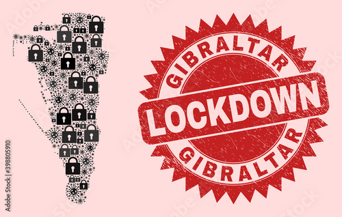 Vector Viral lockdown composition Gibraltar map and grunge stamp seal. Lockdown red stamp seal uses sharp rosette shape. Collage Gibraltar map is designed from viral, and locked items.