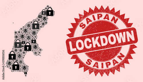 Vector coronavirus lockdown composition Saipan Island map and textured stamp. Lockdown red stamp seal uses sharp rosette form. Collage Saipan Island map is designed from coronavirus, and lock items.