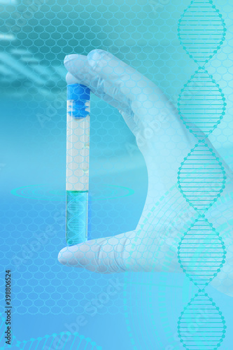 glass test tube with a medicine, vaccine, the concept of innovation in modern science, medical development for the treatment of coronavirus,COVID-19, dna test, GMO product photo