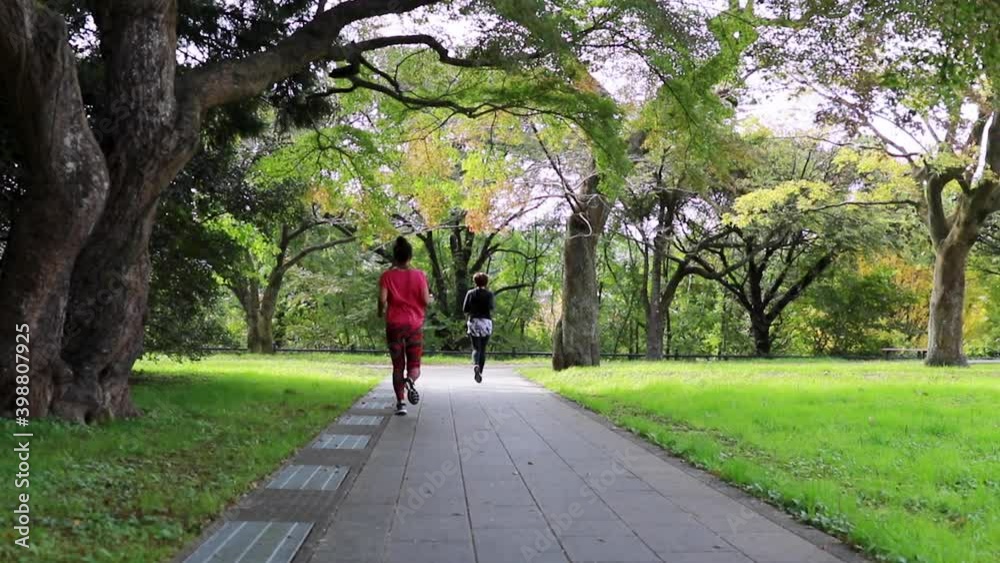 公園でランニングをする女性 公園でランニングをする女性