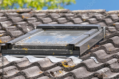 A gray plastic tilting window in the roof. covered with moss and overgrowth due to poor maintenance