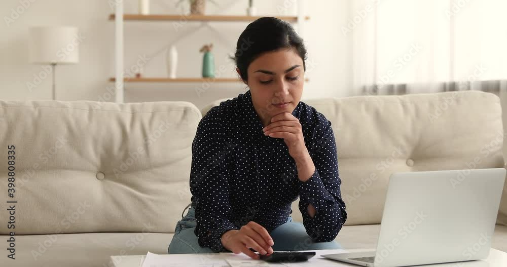 Indian woman sit on couch do accounting work from home using calculator laptop calculate costs, pay through e-bank app feels satisfied. Business, household expenses, manage budget, bookkeeping concept