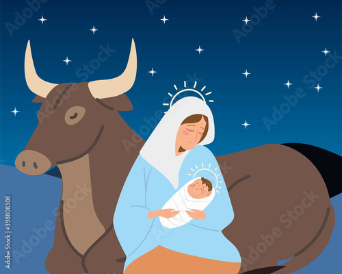 nativity mary with baby jesus and ox animals manger