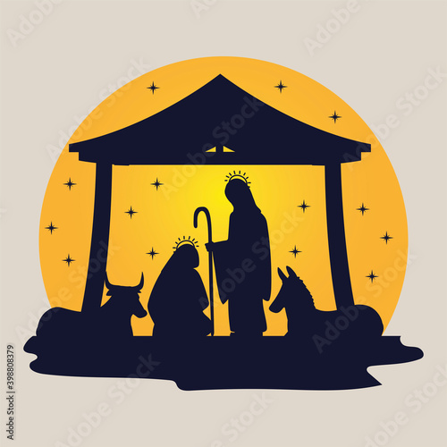 nativity manger in silhouette mary joseph and animals