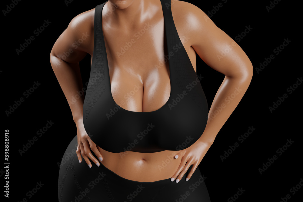 Naklejka premium Young slim woman with big breasts in black sportswear