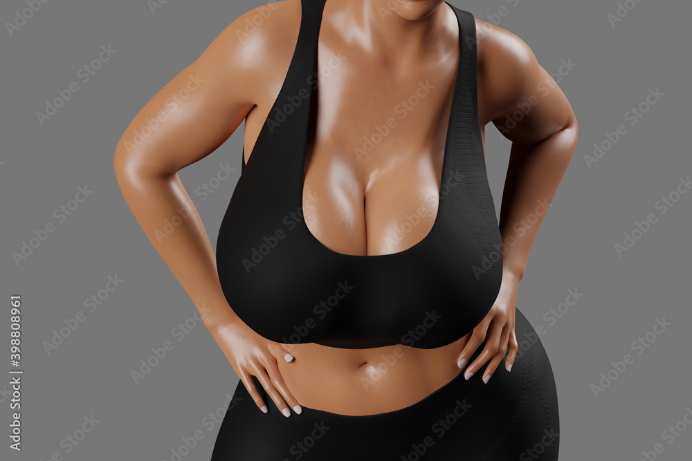 © PixlMakr - Young slim woman with big breasts in black sportswear