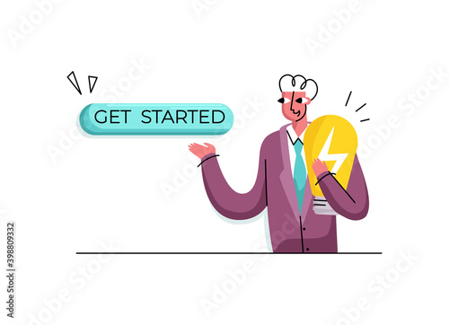 Vector isolated illustration concept of CTA buttons. Button with inscription is drawn get started, character holding burning light bulb as idea.