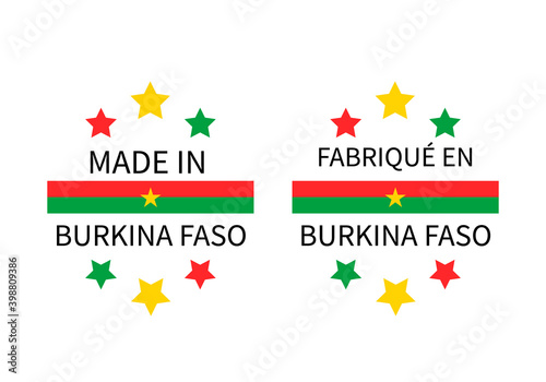 Made in Burkina Faso labels in English and in French languages. Quality mark vector icon. Perfect for logo design, tags, badges, stickers, emblem, product package, etc