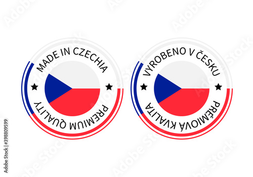 Free Download Made in Czech Republic round labels in English and in Czech languages. Quality mark vector icon. Perfect for logo design, tags, badges, stickers, emblem, product package, etc - GFXLoad