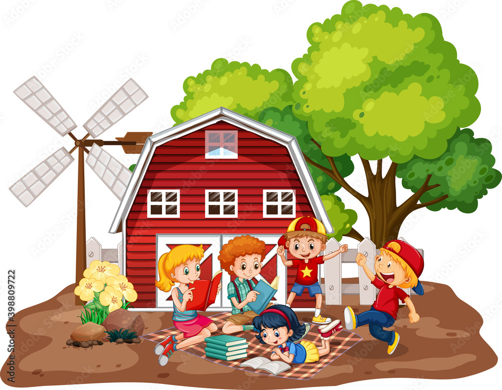 Naklejka premium Children with red barn in farm scene on white background