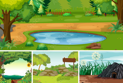 Four different nature scene of forest and swamp cartoon style photo