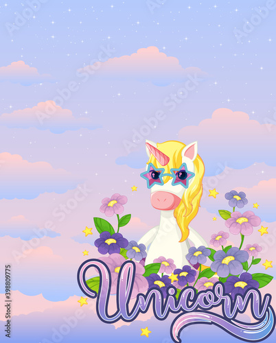 Blank banner with cute unicorn in the pastel sky background