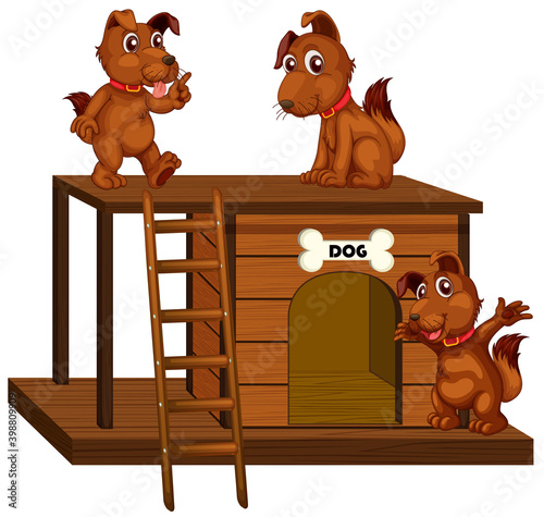 Dog house with cute dogs isolated