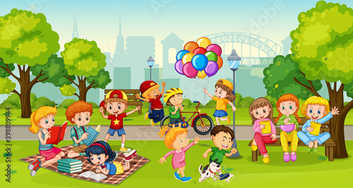 Children enjoy with their activity at the park scene