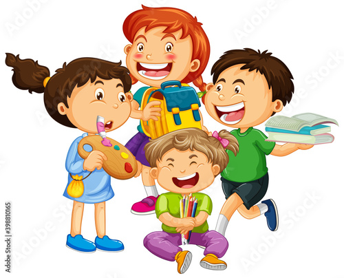 Group of young children cartoon character on white background