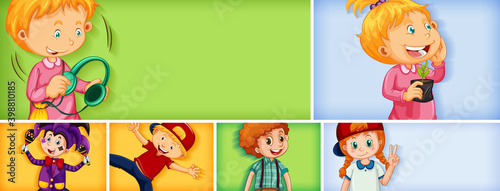 Set of different kid characters on different color background