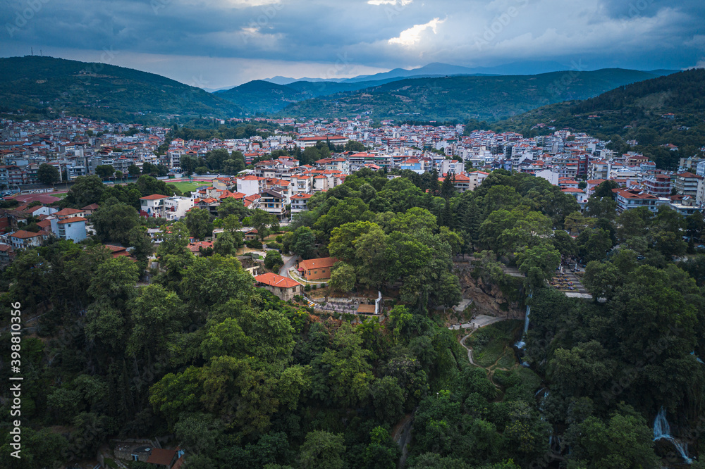 Aerial panoramic view of Edessa city and waterfall  in Edessa city, Greece