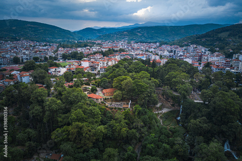 Aerial panoramic view of Edessa city and waterfall in Edessa city, Greece