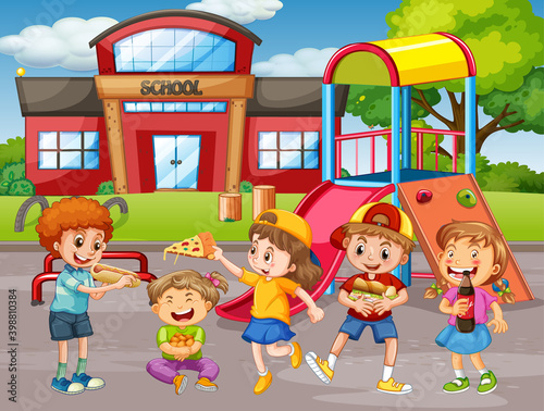 Children holding their food in the park scene