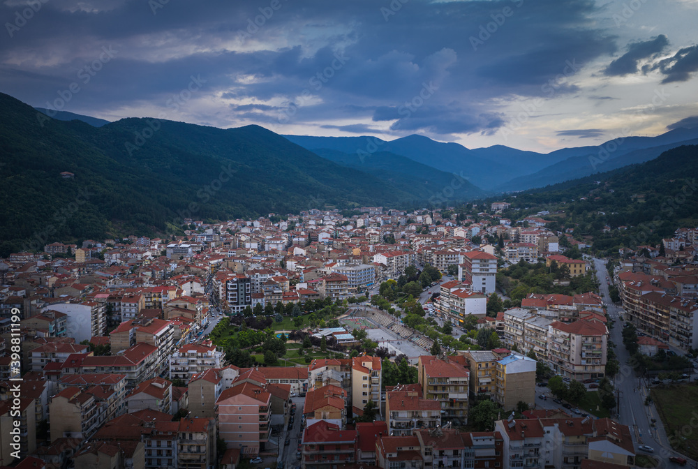 Aerial view of Florina city in northern Greece at twilight time
