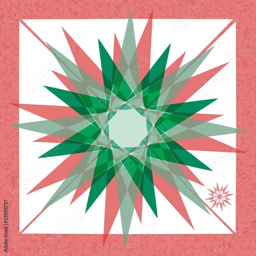Abstract - multiple translucent pink and green 8-pt stars, overlapping, with patterned pink border