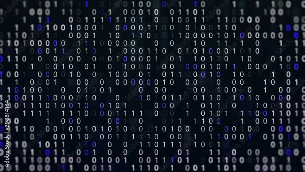 Blue and white binary code fast typing on dark display. Animation. Numbers zero and one coding on black background, seamless loop.