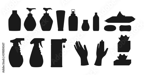 Disinfection sanitizer bottles black silhouette set. Coronavirus infographic shape collection. Hygiene cartoon medical washing gel spray, liquid soap napkin, rubber glove. Isolated vector illustration