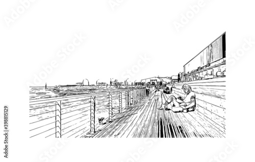 Building view with landmark of Tel Aviv is the city of Israel. Hand drawn sketch illustration in vector.