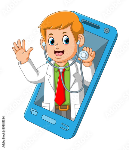 The doctor with his stethoscope came out from the mobile smartphone