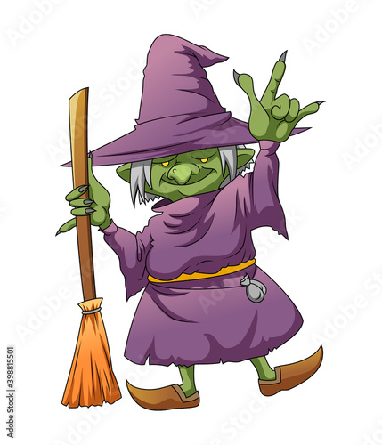 The green elf witch with the long nail and using the magic broom with the purple costume