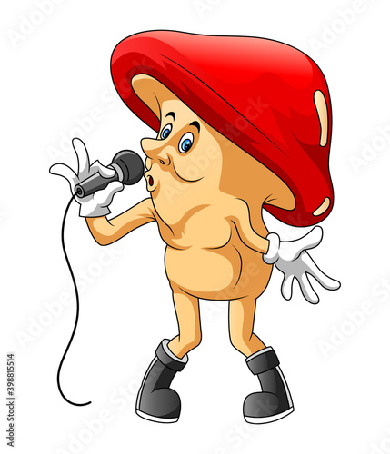 The mushroom using the gloves and holding the mic for singing a song