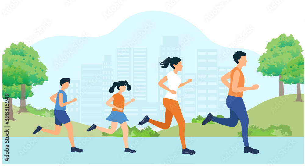 Happy Family Sport Activity, mother, father and kids running in the park. Family fit exercise concept Vector Illustration