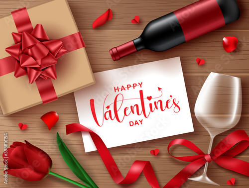 Valentine's vector background concept. Happy valentine's day text in greeting card with champagne, wine glass and gift element for romantic valentine celebration design. Vector illustration 