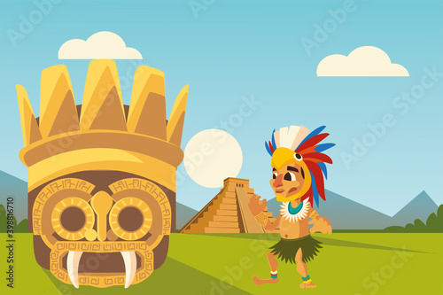 aztec culture warrior mask and pyramid in landscape